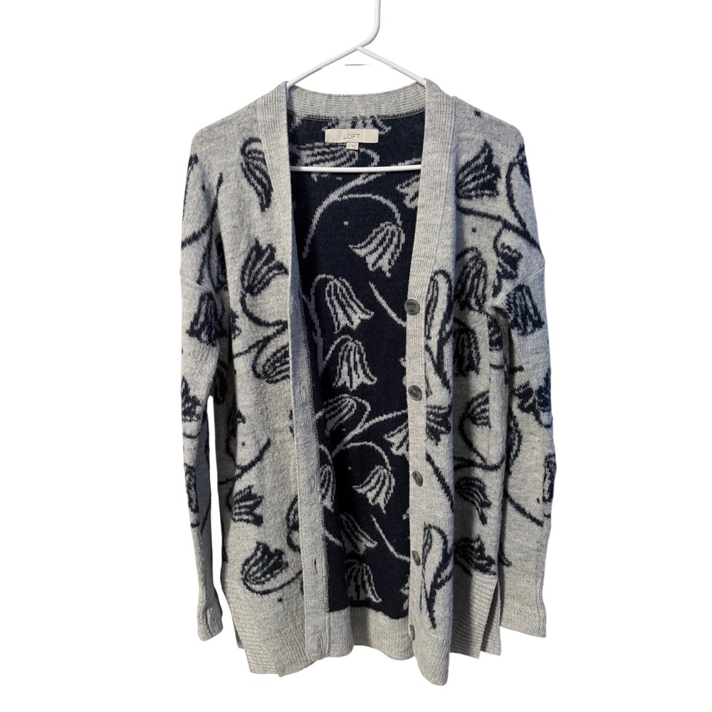LOFT Cardigan Womens Small Grey Navy Floral Button Front